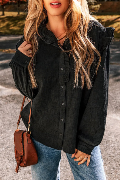 Black Textured Ruffled Trim Buttoned Loose Fit Shirt - Chic Meadow Boutique 