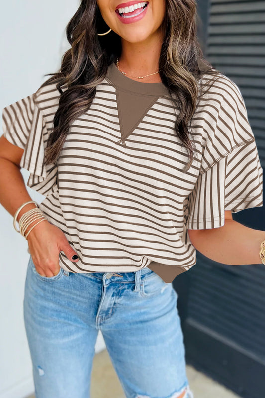 Parchment Contrast Detail Striped Ruffle Short Sleeve Top