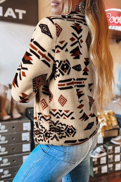 Beige Western Aztec Half Zip Plush Sweatshirt