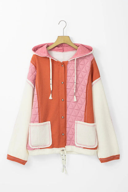 Coral Quilted Textured Patchwork Loose Fit Hooded Jacket - Chic Meadow Boutique 