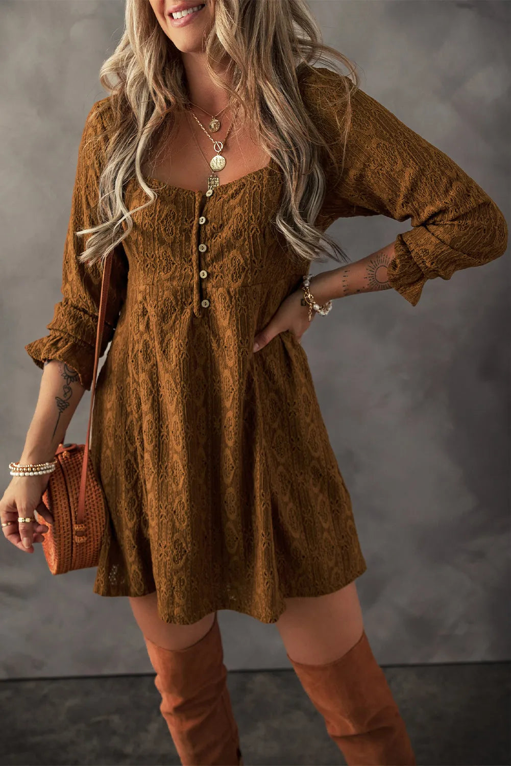 Chestnut Lace Crochet Buttoned Square Neck Shift Mini Dress - Chic Meadow Boutique 