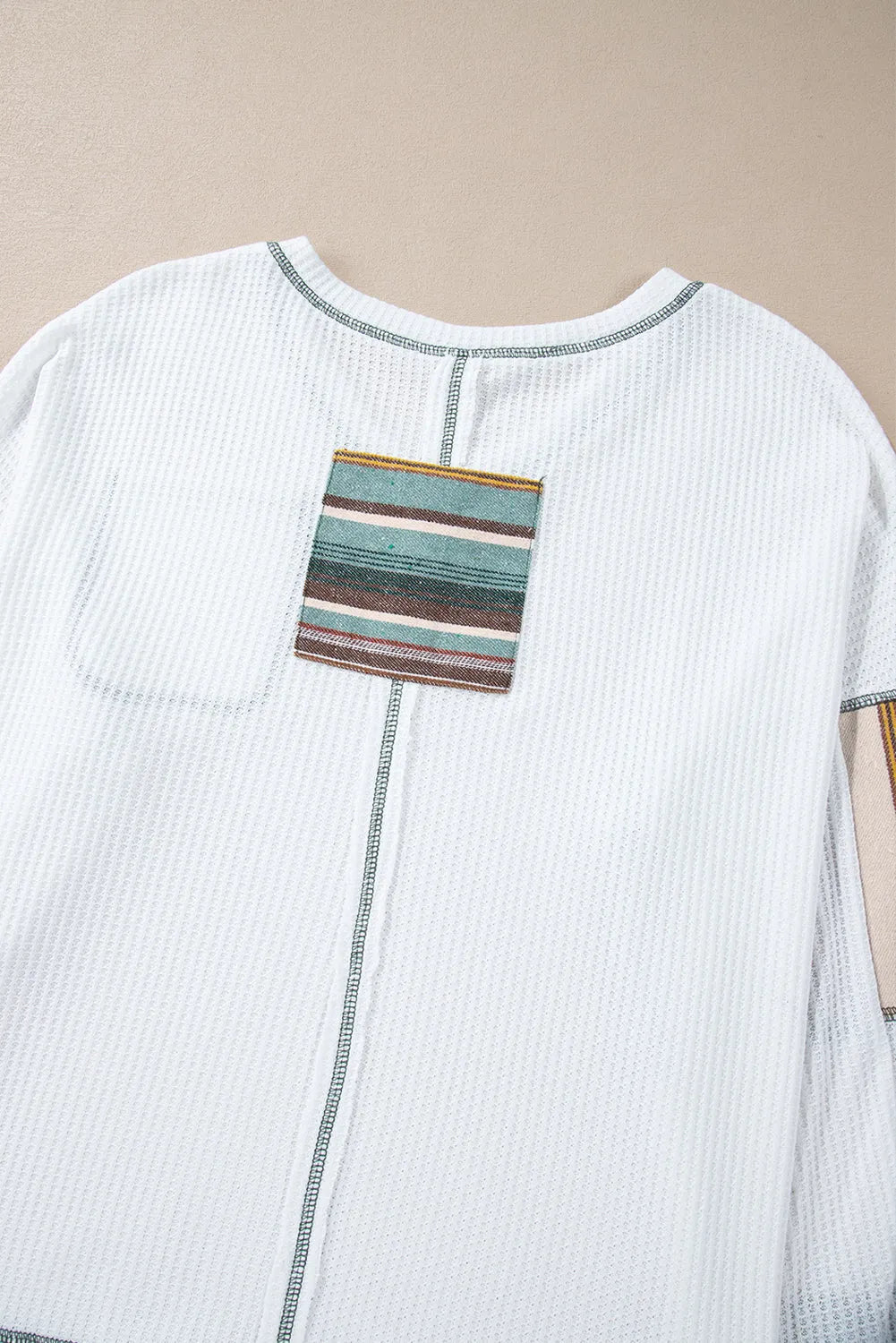 White Striped Patchwork Exposed Seam Waffle Knit Top - Chic Meadow Boutique 