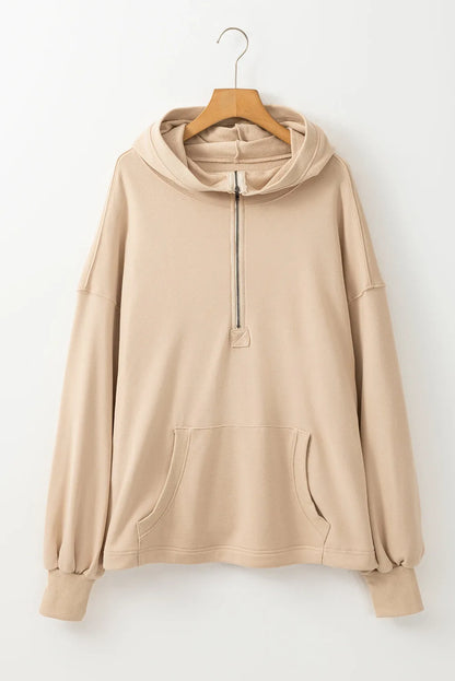 Parchment Solid Kangaroo Pocket Half Zipper Oversized Hoodie - Chic Meadow Boutique 