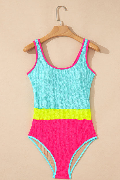 Iceland Blue Textured Color Block Patchwork One Piece Swimsuit