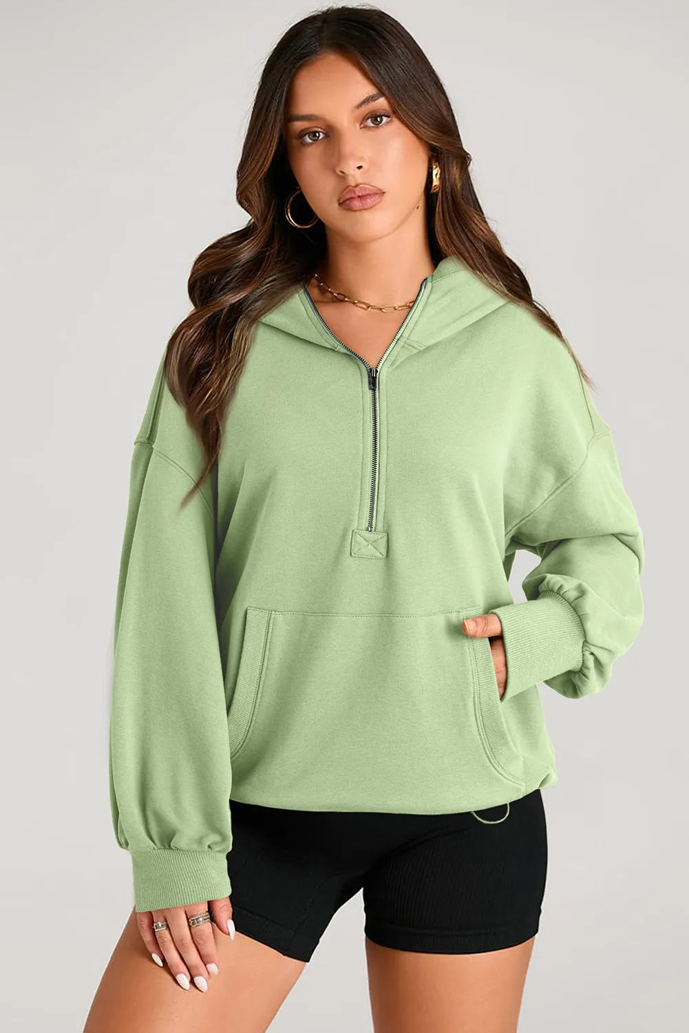 Tops/Sweatshirts & Hoodies Smoke Green Solid Kangaroo Pocket Half Zipper Oversized Hoodie