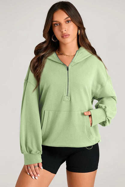 Smoke Green Solid Kangaroo Pocket Half Zipper Oversized Hoodie - Chic Meadow Boutique 