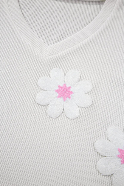 White Flower Applique Texture Knitted V Neck Top - Chic Meadow Boutique 