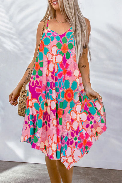 Pink Floral Print Spaghetti STraps Flowy Midi Dress - Chic Meadow Boutique 