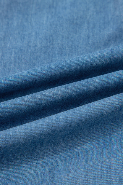 Dusk Blue Ruffled Hem Wide Leg Chambray Pants