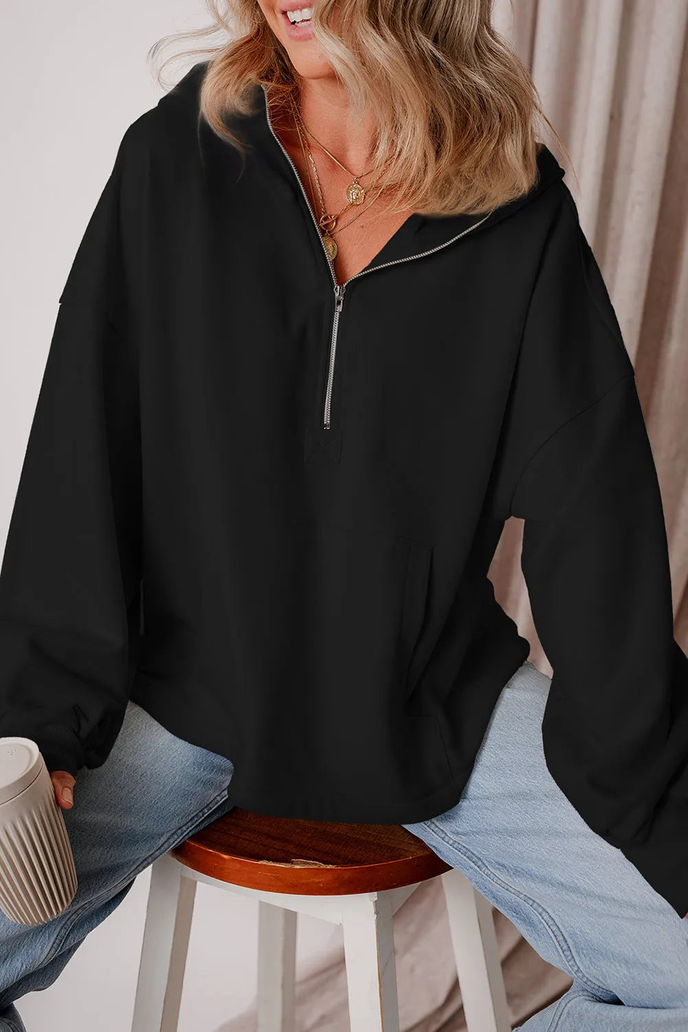 Black Fleece Lined Half Zipper Kangaroo Pockets Loose Hoodie - Chic Meadow Boutique 