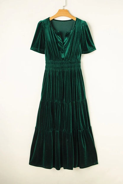 Evergreen Velvet Short Sleeve Shirred Waist Tiered Maxi Dress - Chic Meadow Boutique 