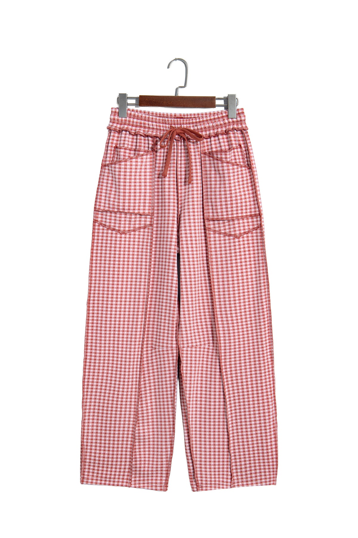 Red Plaid Contrast Trim Drawstring Elastic Waist Shift Pants