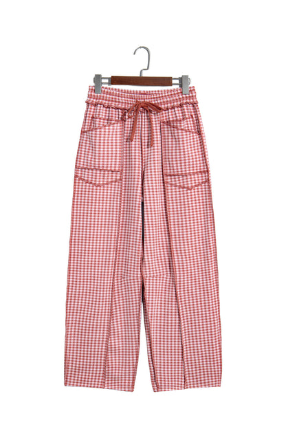 Red Plaid Contrast Trim Drawstring Elastic Waist Shift Pants