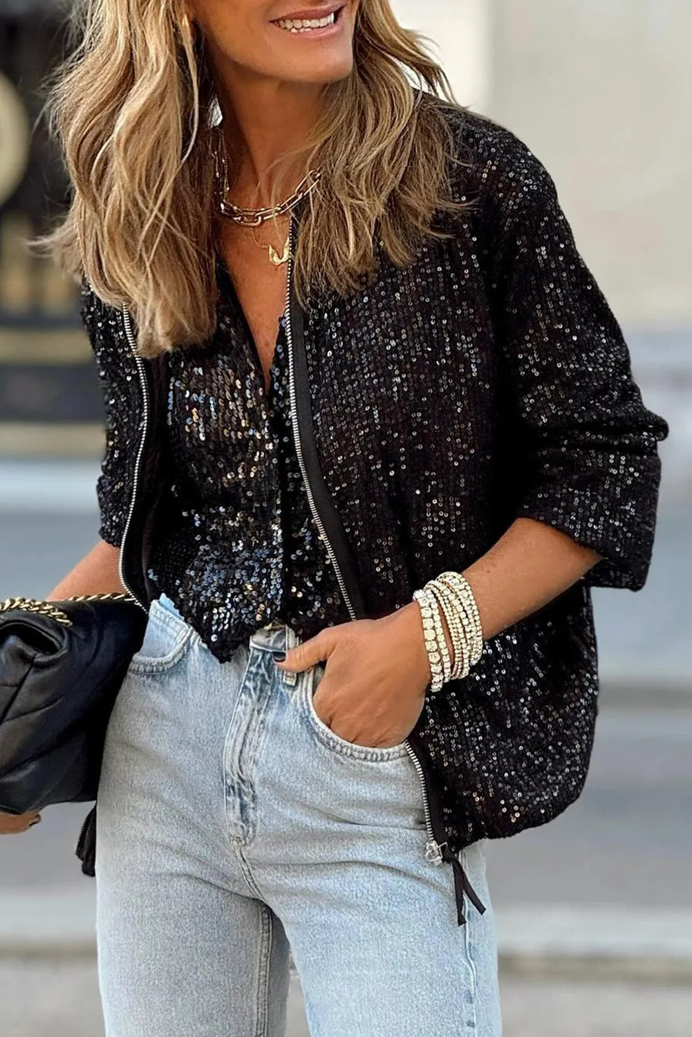 Black Sequin Zip up Round Neck Long Sleeve Jacket - Chic Meadow Boutique 