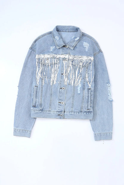 Sky Blue Sequin Embellished Fringe Distressed Denim Jacket - Chic Meadow Boutique 