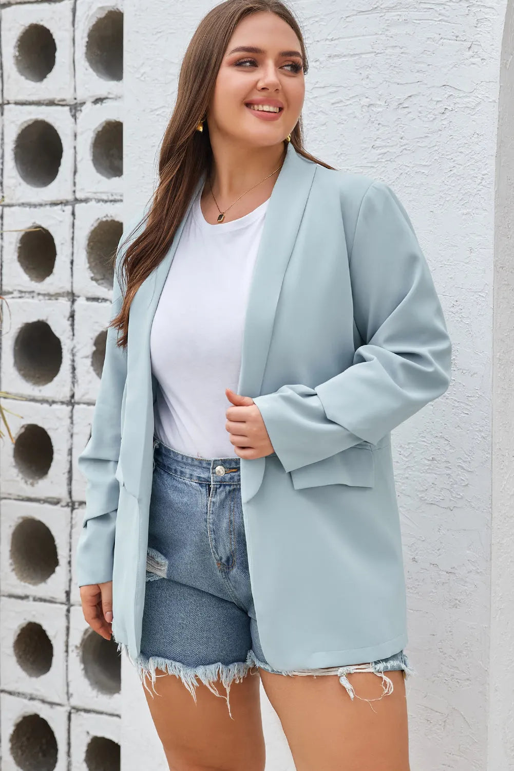 Sky Blue Plus Size Soft Lightweight Pocketed Lapel Blazer - Chic Meadow Boutique 