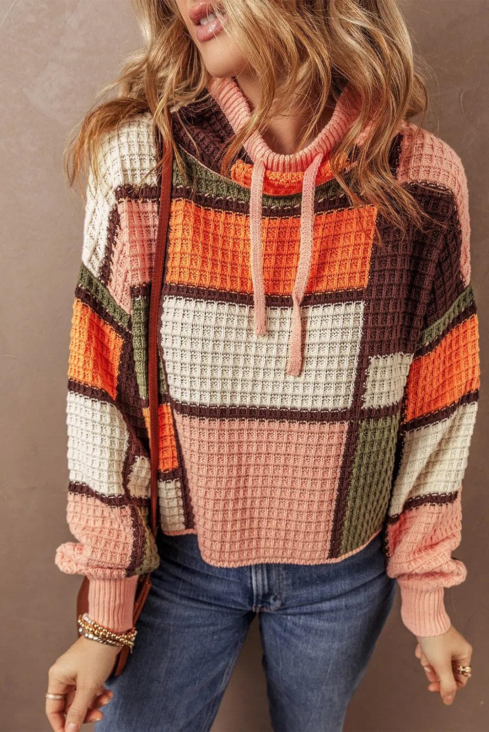 Sweaters & Cardigans/Sweaters Orange / S / 60%Cotton+40%Acrylic Orange Color Block Waffle Knit Drawstring Mock Neck Sweater