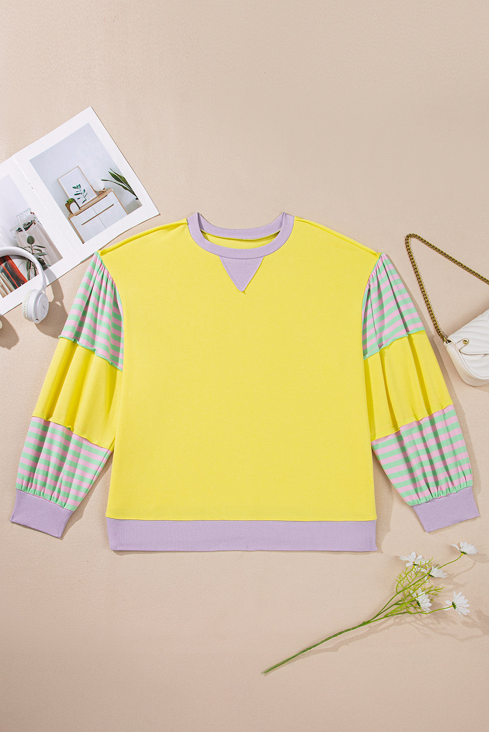 Yellow Striped Color Block Patchwork Crewneck Plus Size Pullover Sweatshirt