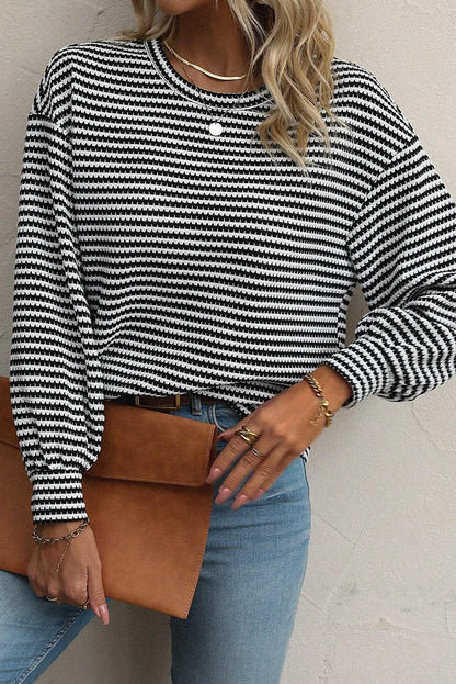 Black Stripe Round Neck Drop Shoulder Long Sleeve Top - Chic Meadow Boutique 