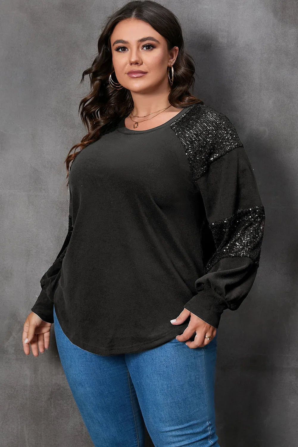 Black Plus Size Sequin Patchwork Crew Neck Long Sleeve Top - Chic Meadow Boutique 