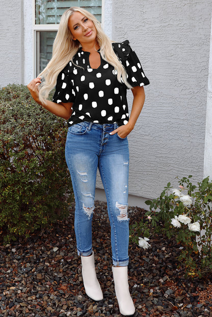 Black Polka Dot Print Shirred Yoke Notched Neck Balloon Sleeve Blouse