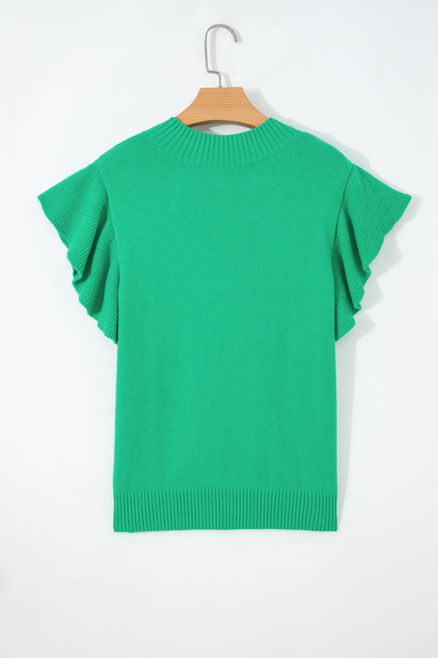 Bright Green Solid Color Ribbed Trim Round Neck Ruffle Short Sleeve Sweater