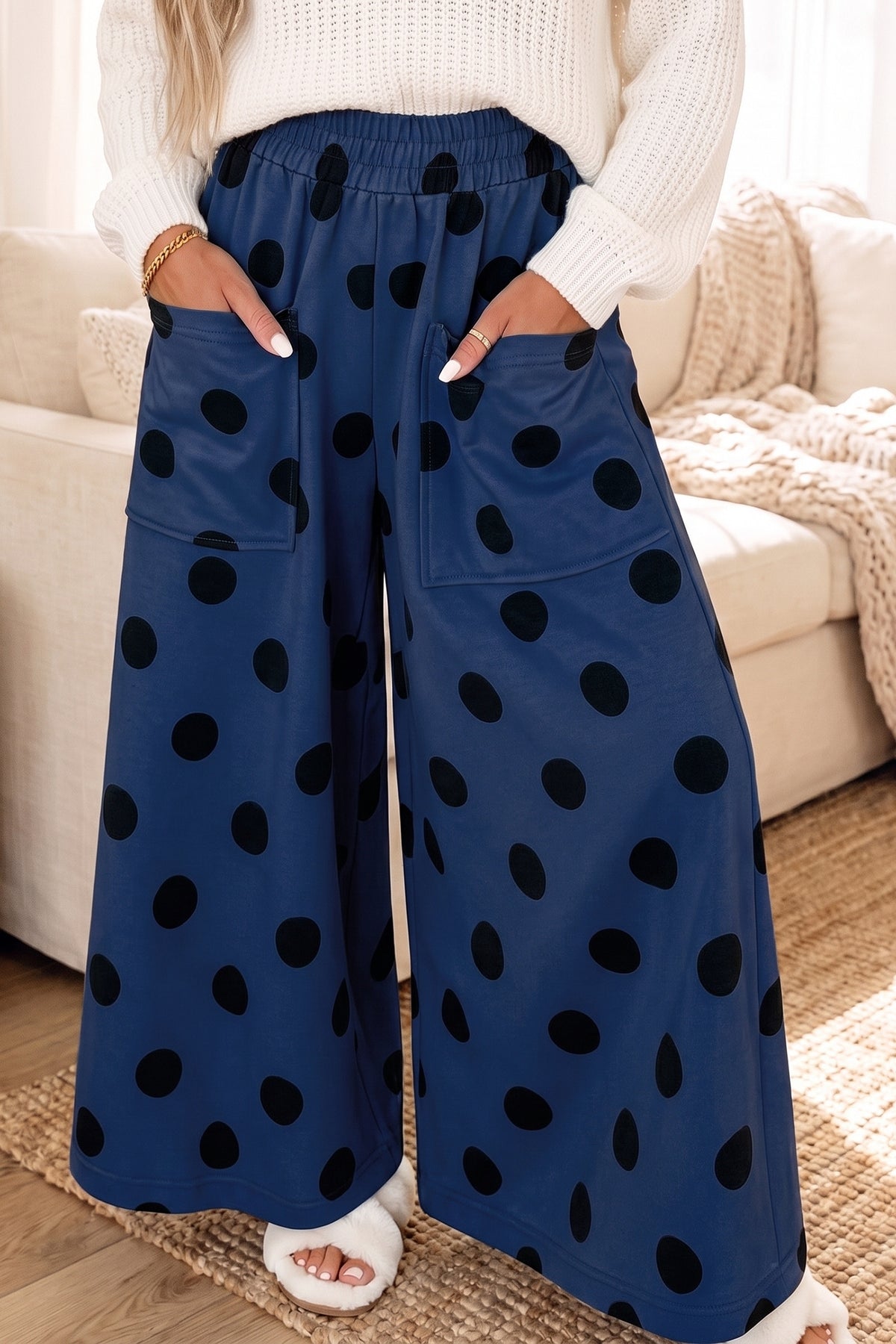 Sail Blue Polka Dot Wide Leg Elastic Waist Casual Pants