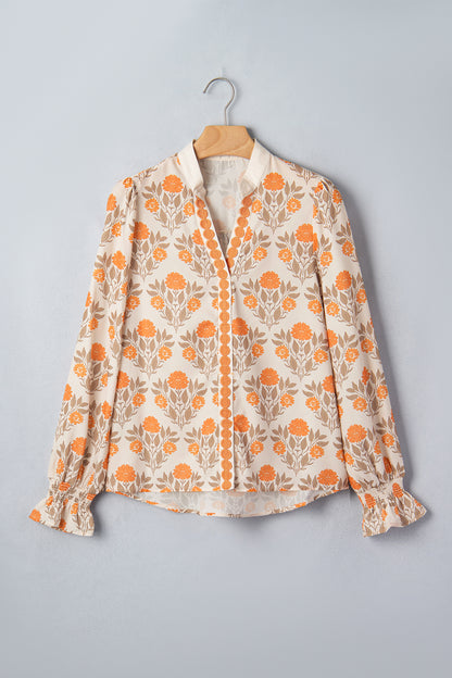Orange Floral Print Contrast Detail V Neck Long Sleeve Blouse