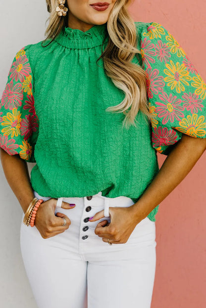 Bright Green Floral Puff Short Sleeve Ruffled Collar Button Back Top - Chic Meadow Boutique 