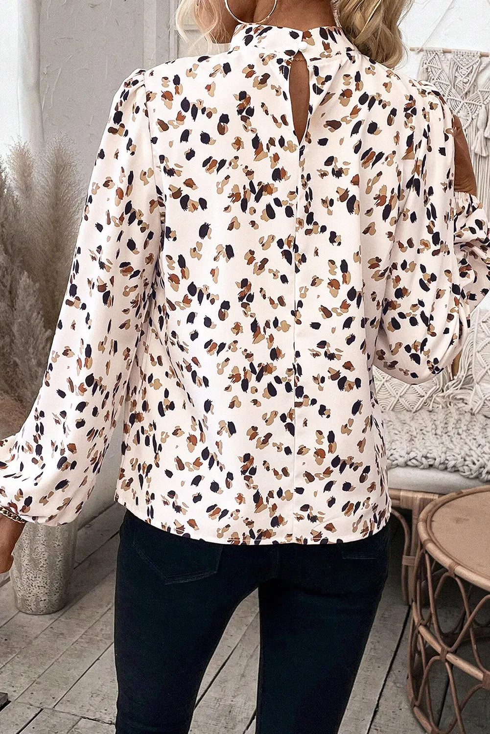 White Leopard Print Lantern Sleeve Mock Neck Pleated Blouse - Chic Meadow Boutique 