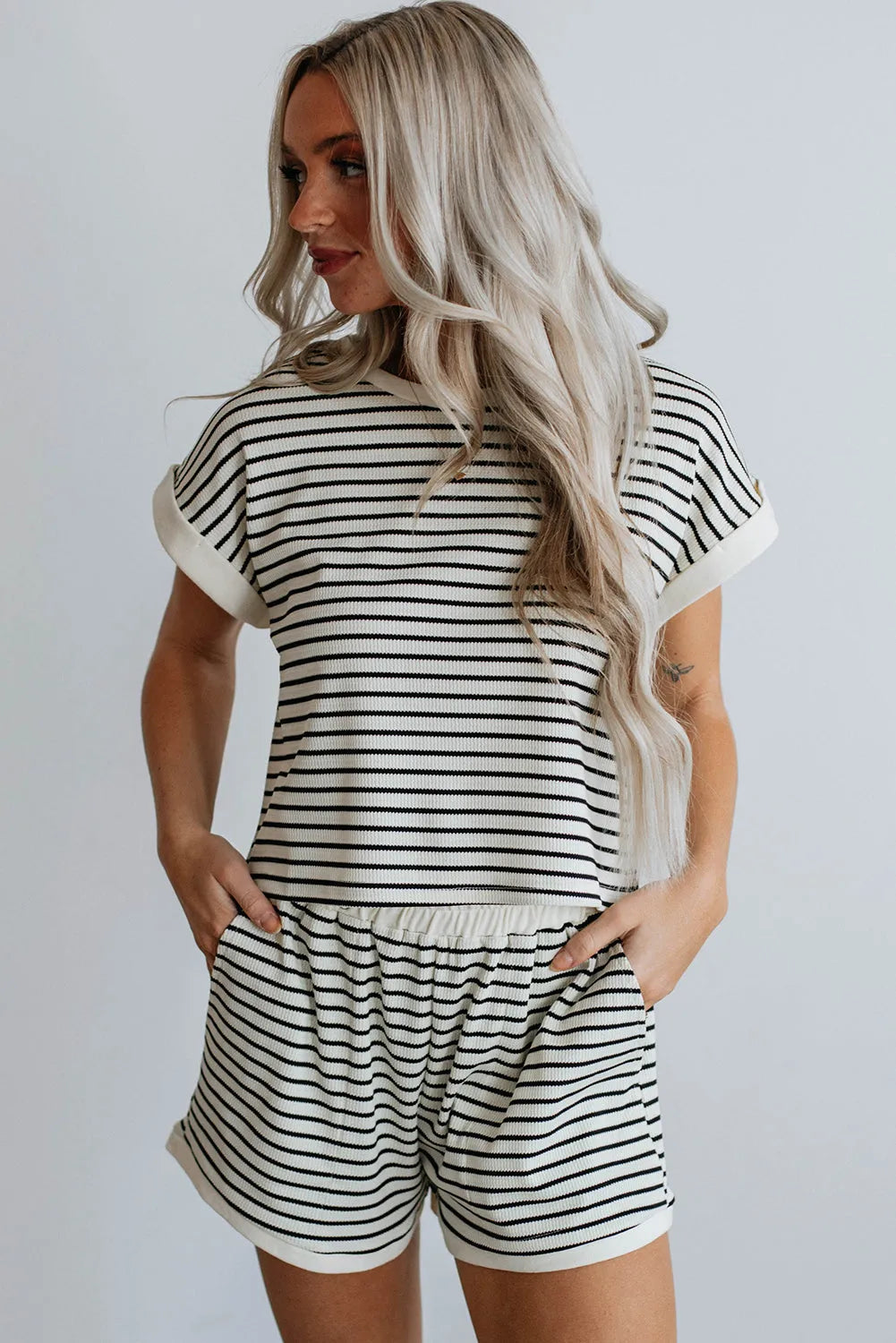 White Stripe Contrast Edge Tee and Shorts Set - Chic Meadow Boutique 