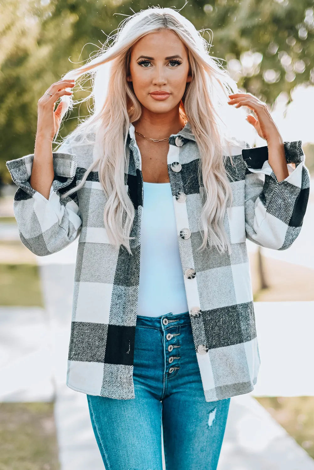 Gray Plaid Color Block Buttoned Long Sleeve Jacket with Pocket - Chic Meadow Boutique 