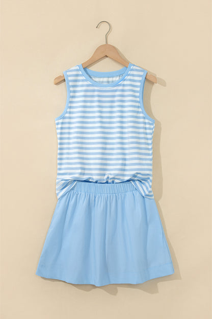 Sky Blue Stripe Slim Tank Contrast Ruffle Mini Skort Set