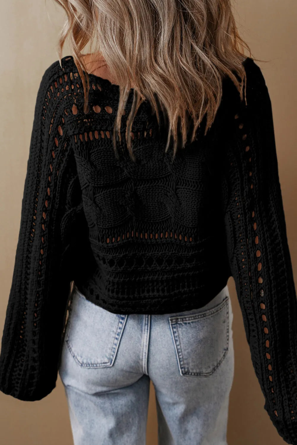 Black Hollow-out Cable Knit Cropped Sweater - Chic Meadow Boutique 