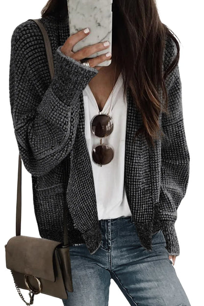 Black Chunky Waffle Knit Oversized Collar Cardigan - Chic Meadow Boutique 