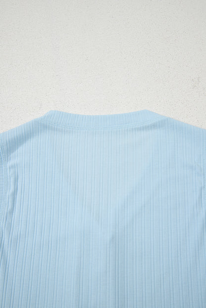 Beau Blue Ribbed Button V Neck Tank Top and Shorts Set