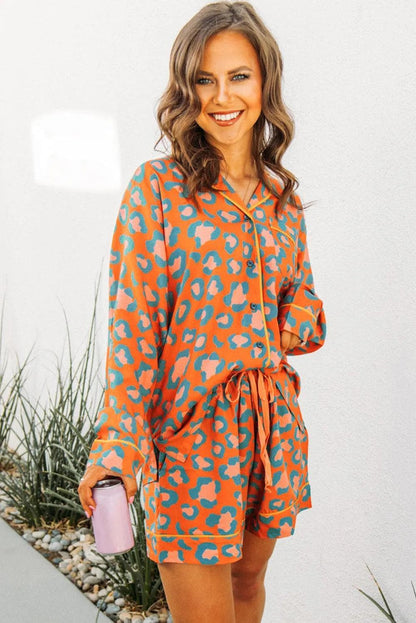 Loungewear & Sleepwear/Sleepwear Orange Leopard Print Long Sleeve Shirt and Shorts Pajama Set