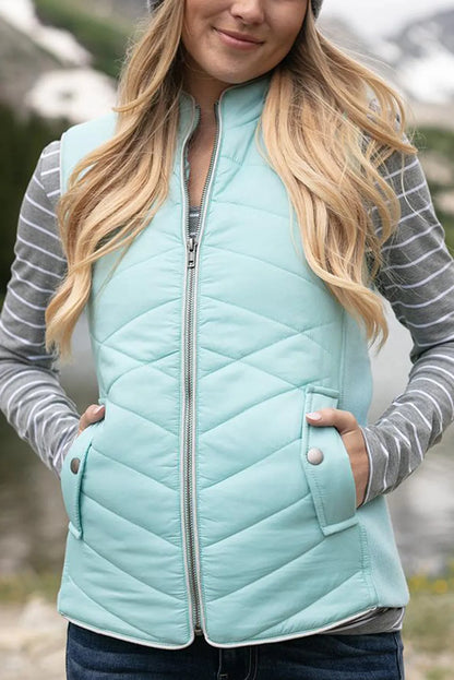 Sky Blue Zip-up Side Pockets Puffer Vest - Chic Meadow Boutique 