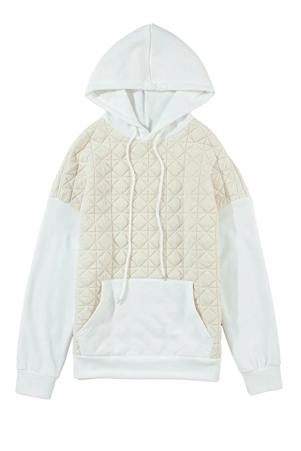 Beige Drop Shoulder Quilted Patchwork Kangaroo Pocket Hoodie - Chic Meadow Boutique 