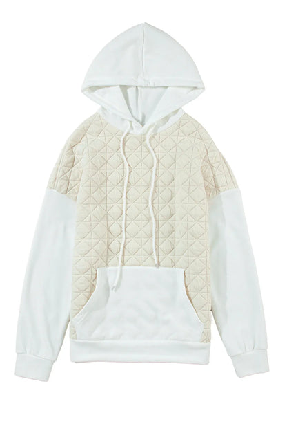 Beige Drop Shoulder Quilted Patchwork Kangaroo Pocket Hoodie - Chic Meadow Boutique 