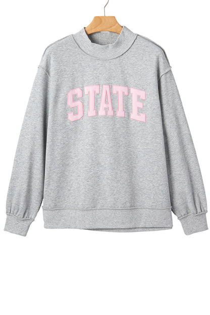 Light Grey Exposed Seam Mock Neck Letter Embroidered Loose Sweatshirt