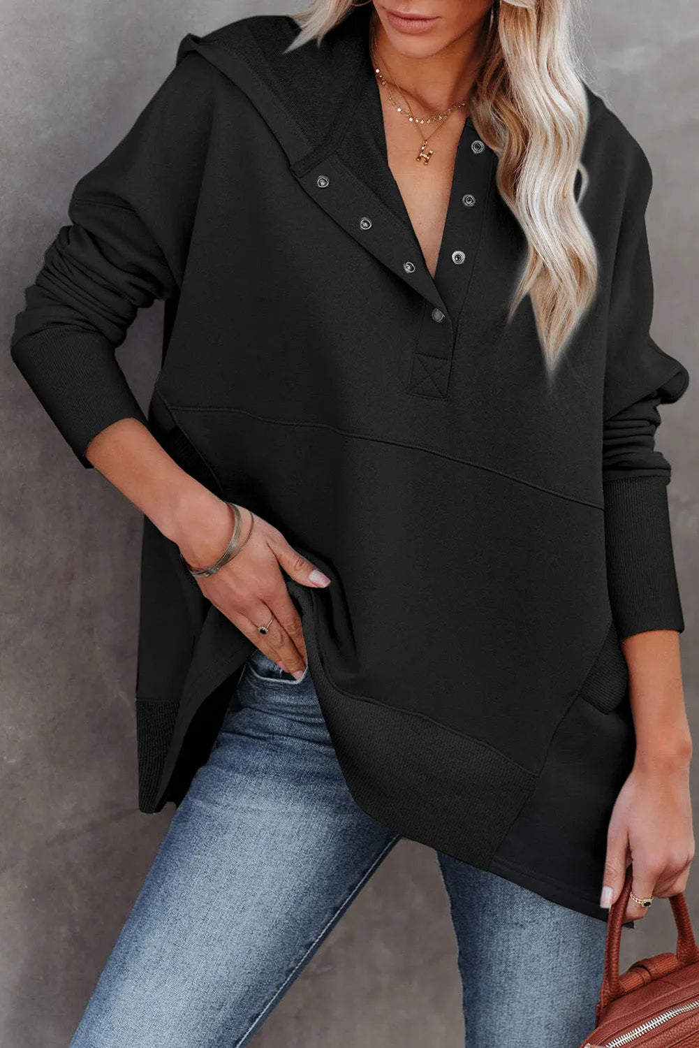 Black Batwing Sleeve Pocketed Henley Hoodie - Chic Meadow Boutique 