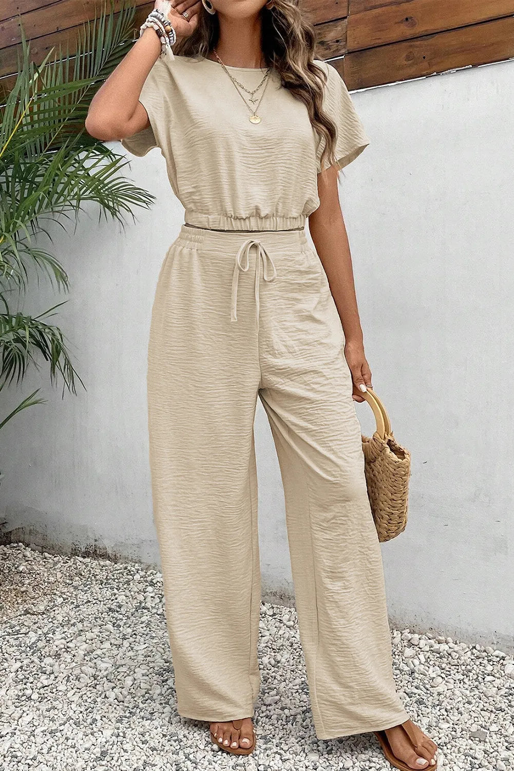 Beige Crinkled Elastic Hem Crop Tee and Wide Leg Pants Set - Chic Meadow Boutique 