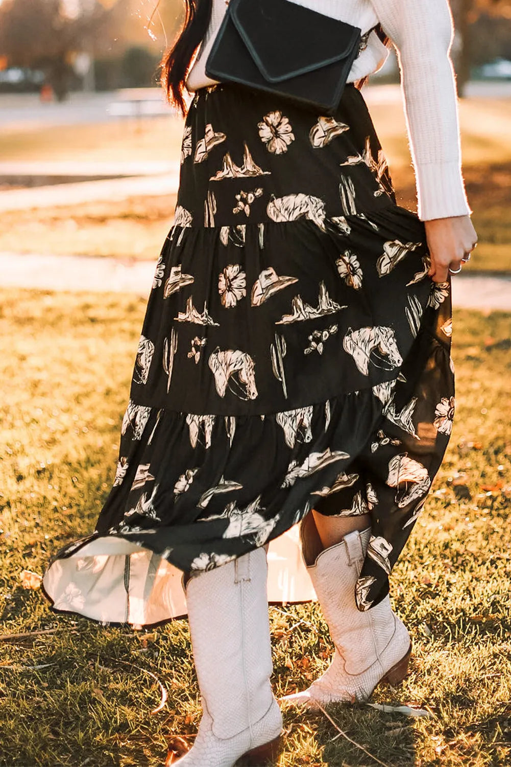 Black Western Print Tiered Ruffled High Waist Maxi Skirt - Chic Meadow Boutique 