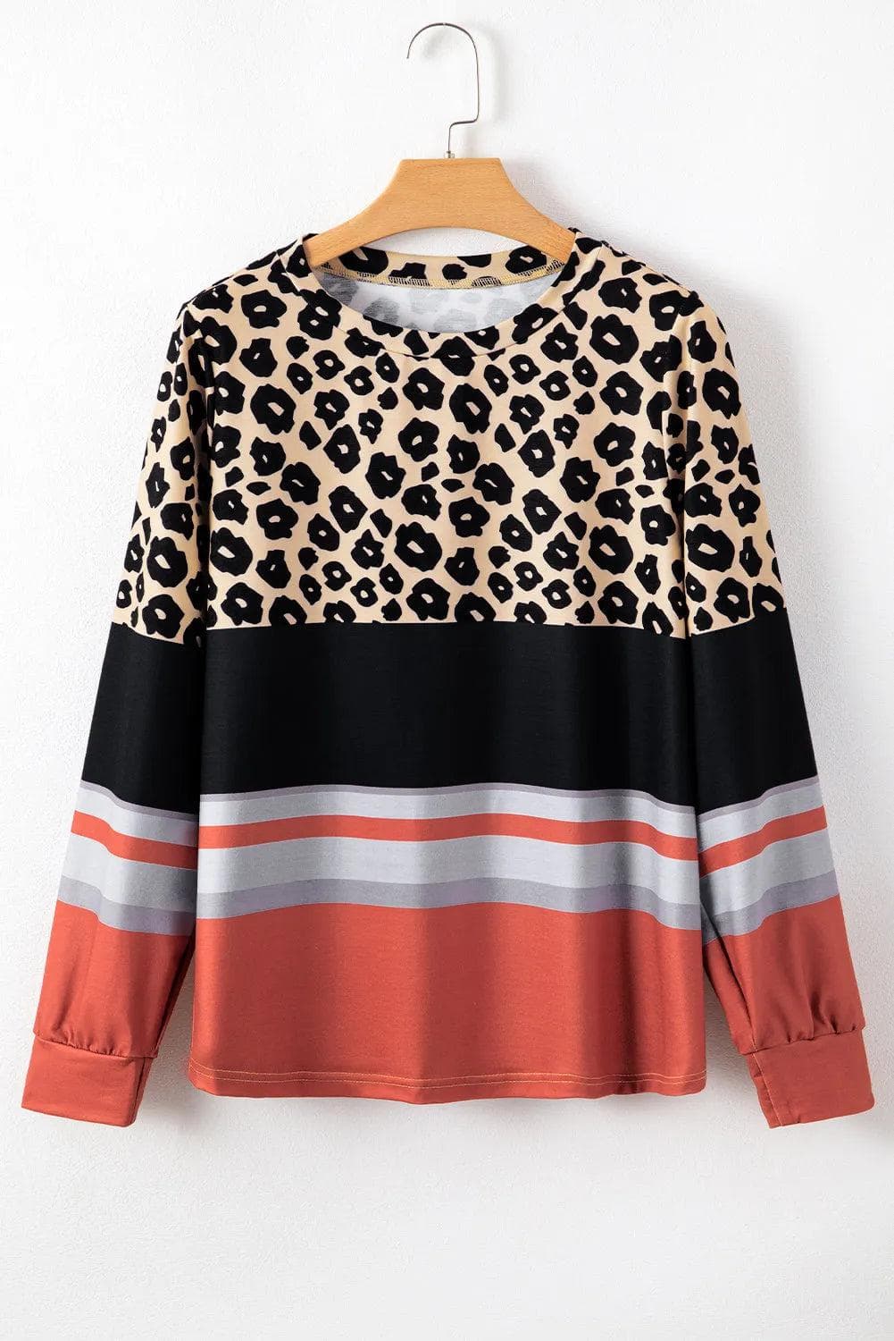 Tops/Long Sleeve Tops Khaki Leopard Color Block Crewneck Long Sleeve Top