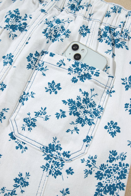 Sky Blue Floral Print Tie Waist Straight Leg Jeans