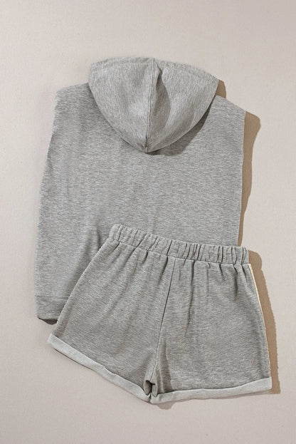 Gray Drawstring Sleeveless Hoodie and Shorts Set - Chic Meadow Boutique 