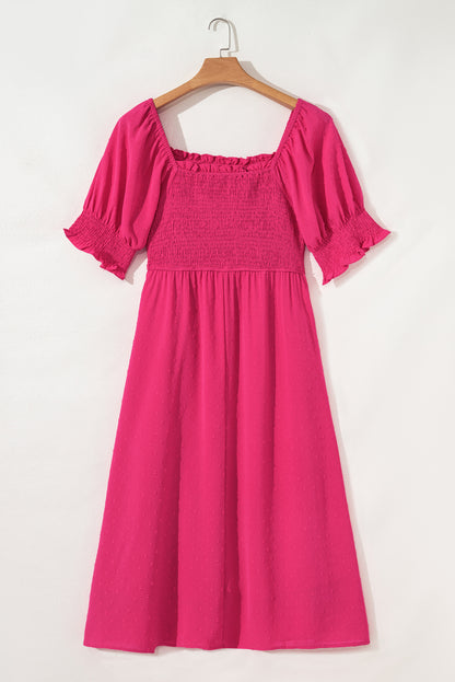 Sachet Pink Swiss Dot Smocked Frilled Neckline Short Sleeve Plus Size Dress