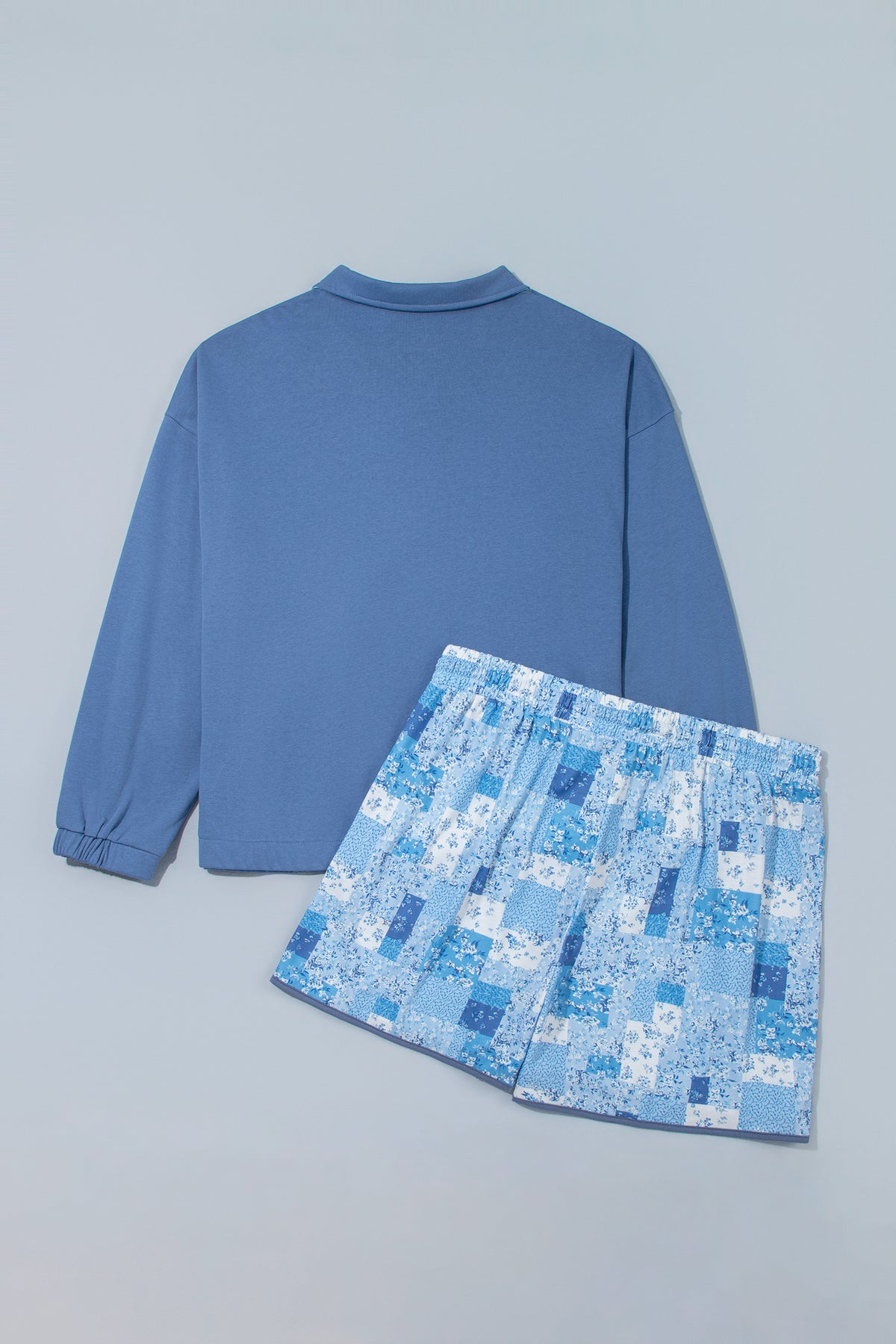 Blue Floral Patchwork V-Neck Long Sleeve Short Bottoms Plus Size Set