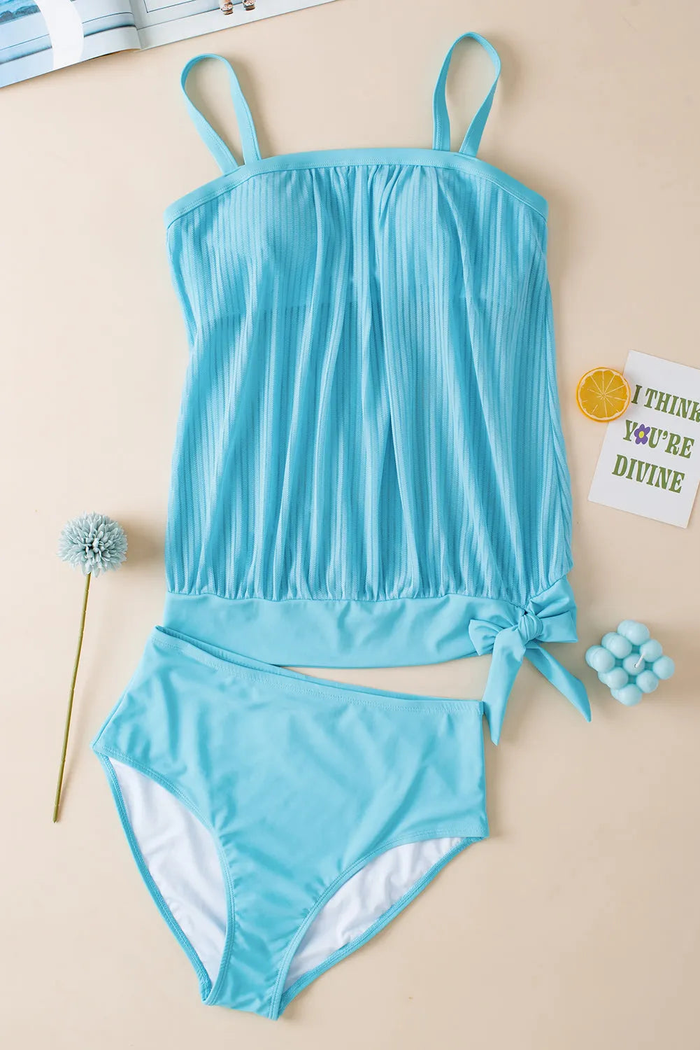 Turquoise Striped Mesh Knotted Hem Tankini Swimsuit - Chic Meadow Boutique 